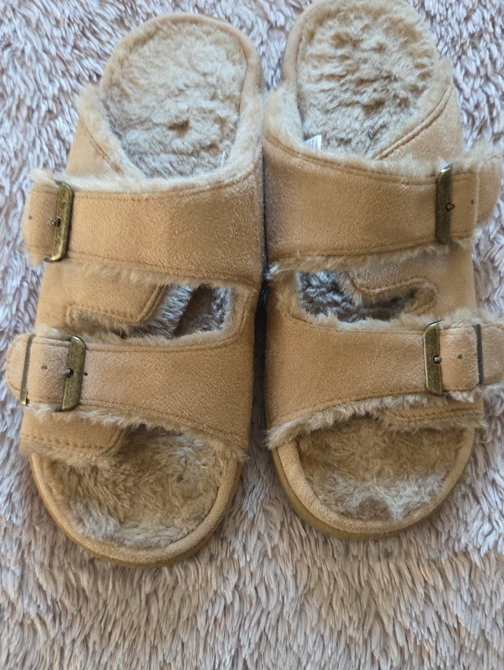 Women's Faux-Shearling Double Strap Slide Sandals - Tan